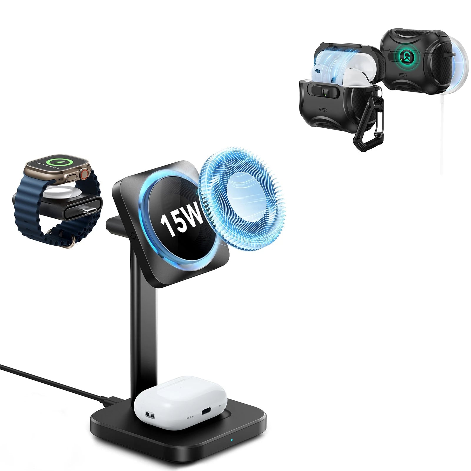 15W 3-in-1 Wireless Charging Station with CryoBoost (HaloLock) & AirPods Pro 3 Cyber FlickLock Case Bundle - Black - US Plug