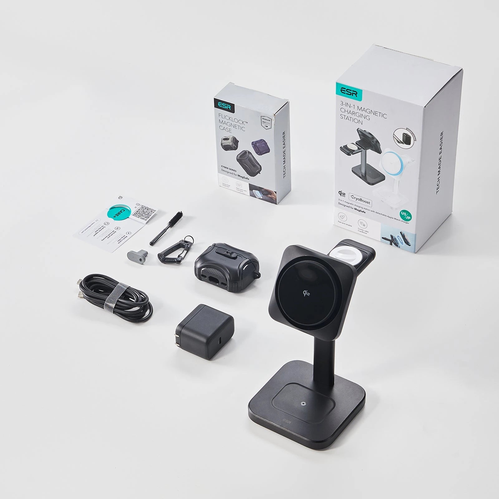 15W 3-in-1 Wireless Charging Station with CryoBoost (HaloLock) & AirPods Pro 3 Cyber FlickLock Case Bundle - Black - US Plug - Image 2