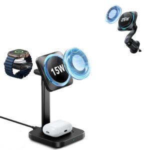 15W 3-in-1 Wireless Charging Station with CryoBoost (HaloLock) & Car Charger (Air Vent) Bundle - Black - US Plug