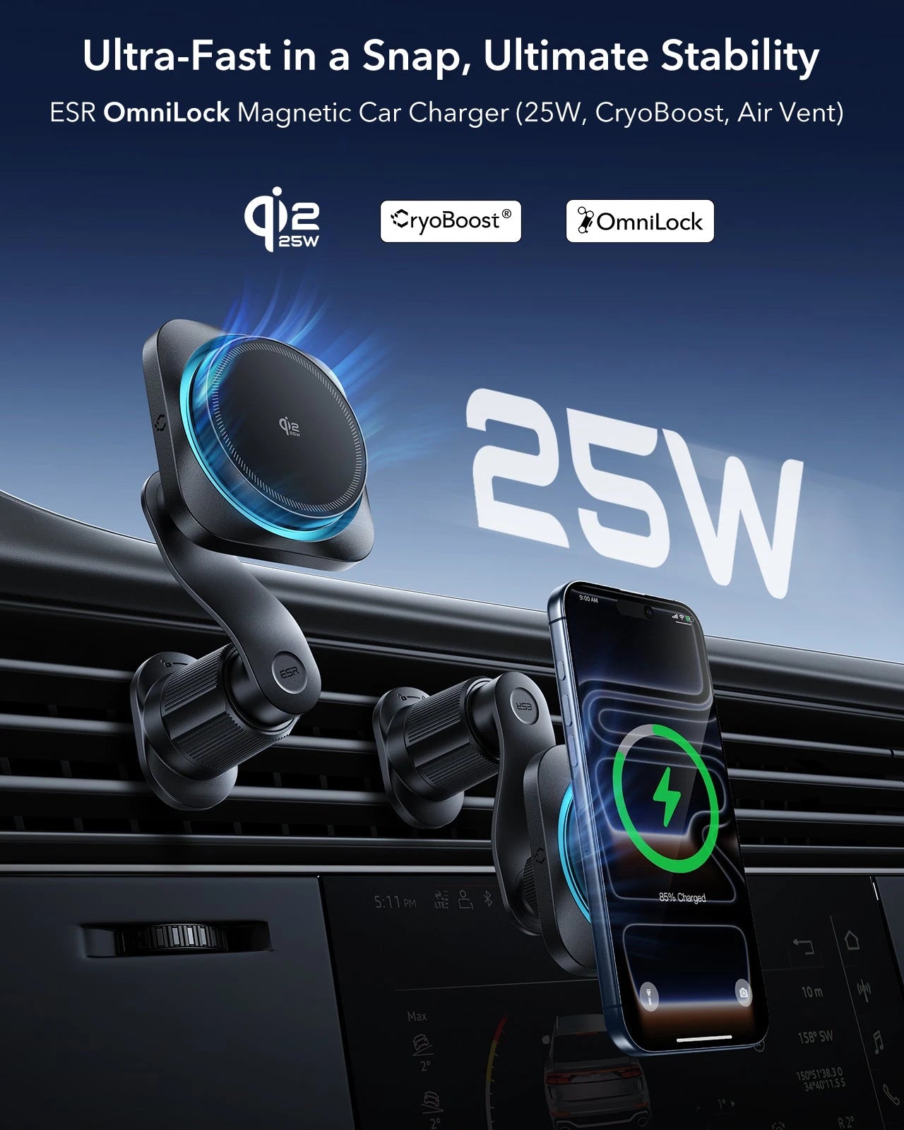 15W 3-in-1 Wireless Charging Station with CryoBoost (HaloLock) & Car Charger (Air Vent) Bundle - Black - US Plug - Image 10
