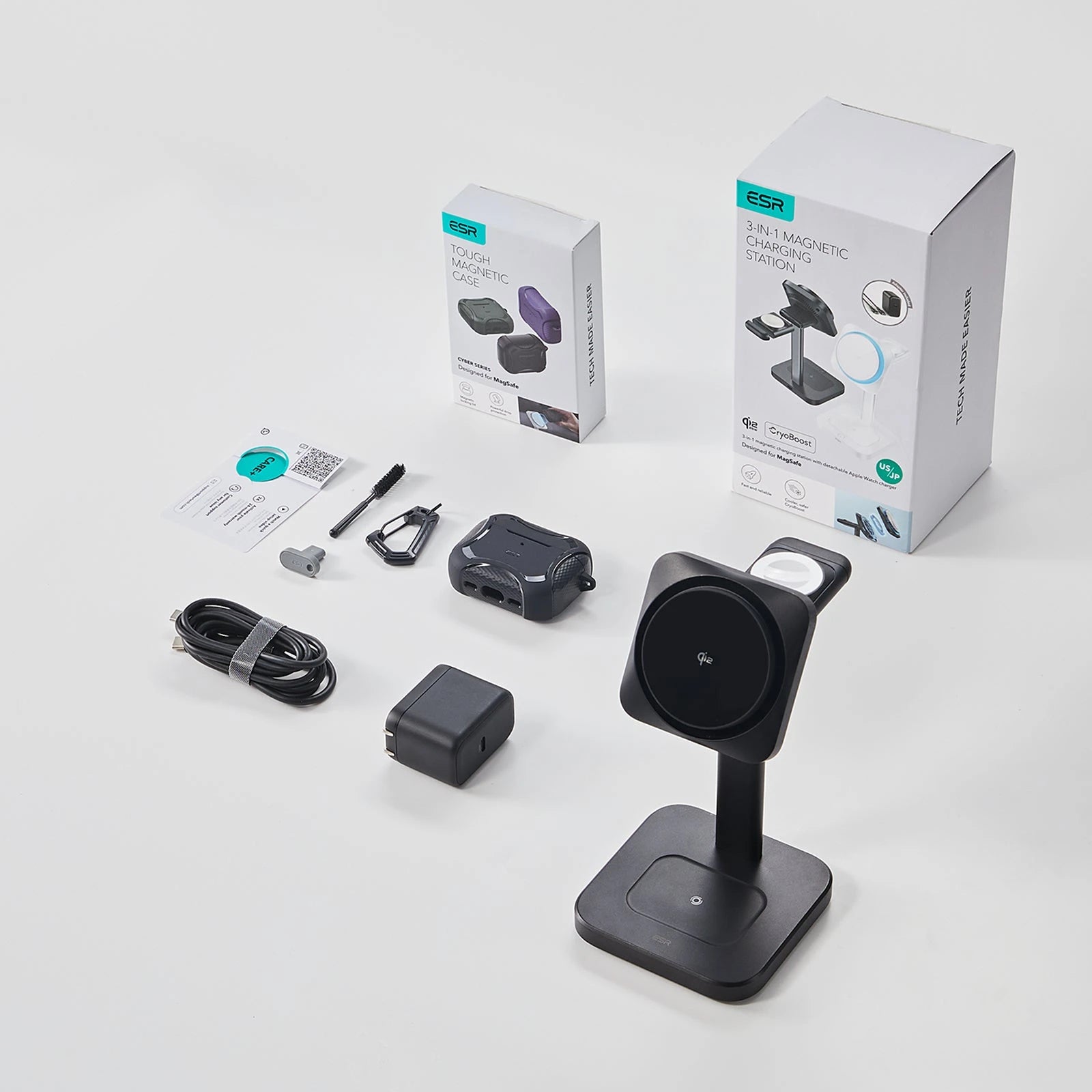 15W 3-in-1 Wireless Charging Station with CryoBoost (HaloLock) and AirPods Pro 3 Cyber Tough Case Bundle - Black - US Plug - Image 2