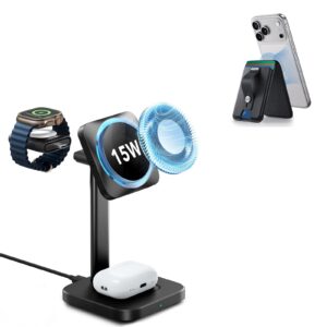 15W 3-in-1 Wireless Charging Station with CryoBoost (HaloLock) and Wallet Stand Bundle - Black - US Plug