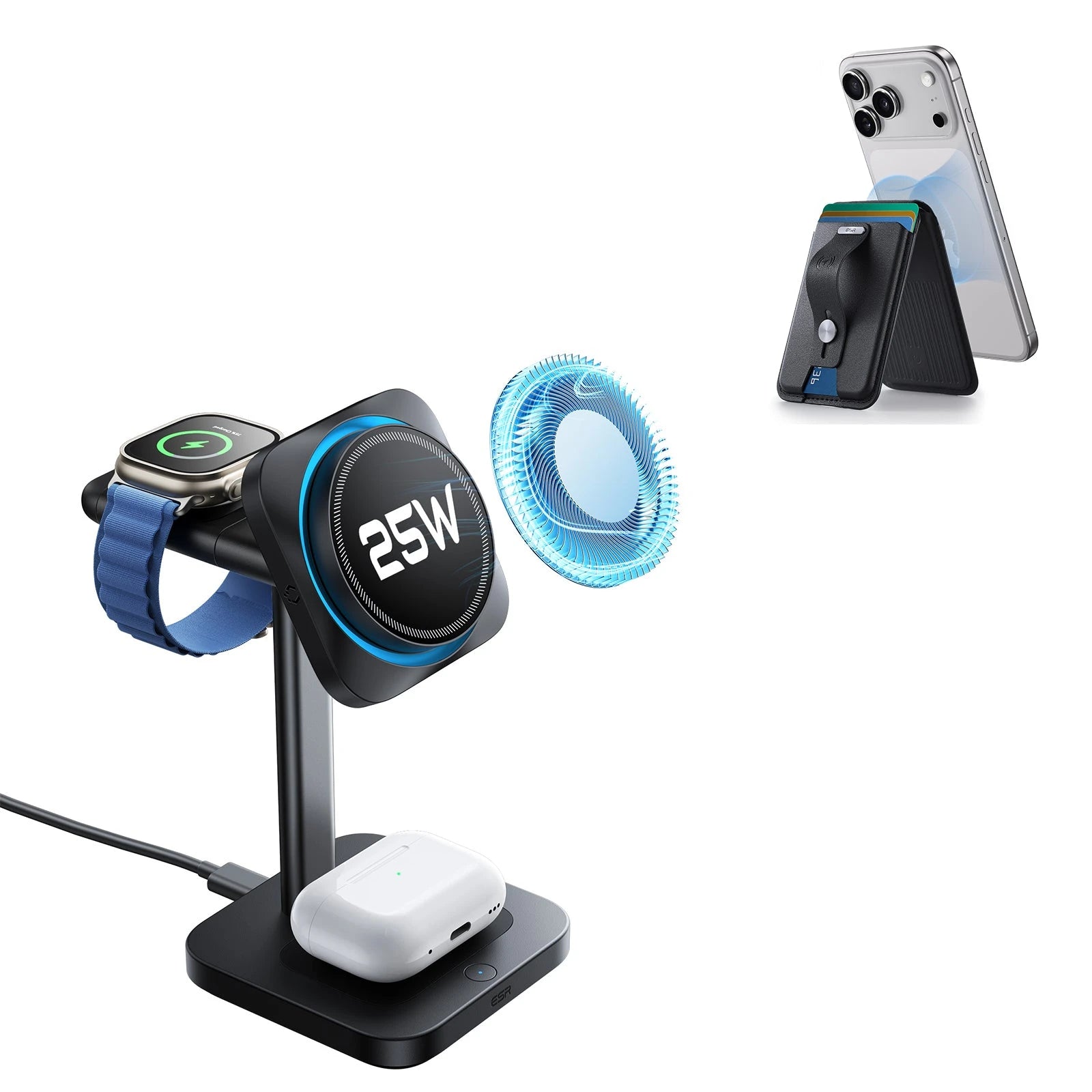 25W CryoBoost 3-in-1 Magnetic Charger (Qi2) and Wallet Stand Bundle - US Plug–Black
