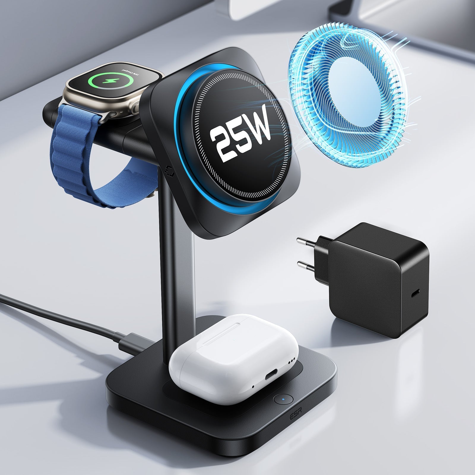 CryoBoost 3-in-1 Magnetic Charging Station (25W, Qi2.2) - EU Plug–Black - Image 10