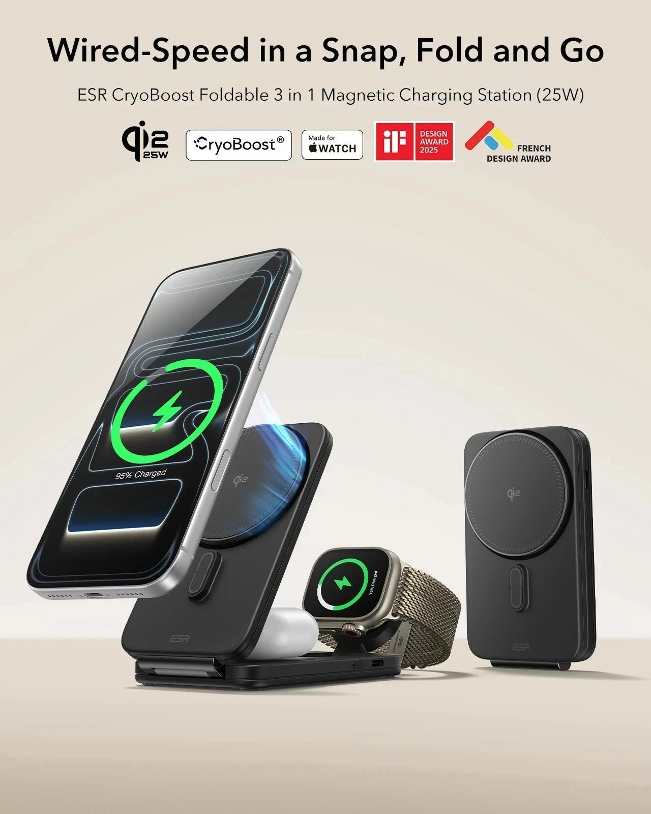 25W CryoBoost Foldable 3-in-1 Magnetic Charger and AirPods Pro 3 Cyber FlickLock Case Bundle– EU Plug-Black&Titanium - Image 4